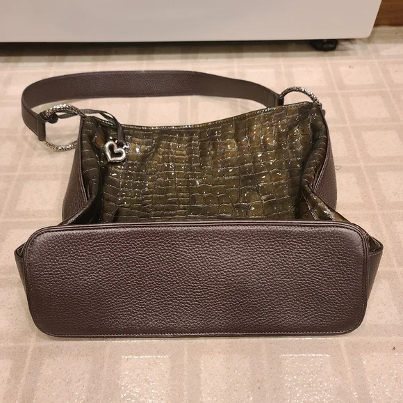 Brighton Cher Olive Green Croc Patent Leather Large Hobo Shoulder Bag. - Picture 2 of 8